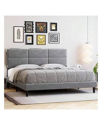 gaomon Full/Queen/King Bed Frame Upholstered Platform, Bed Frame With Square Velvet Headboard, Wooden Slats Support, Non-Slip And Noise-Free