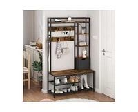 gaomon 5-in-1 Coat Rack, Hall Tree with Bench and Shoe Storage, Freestanding Entryway Bench with 5-Tier Open Shelves, Fabric Storage Basket and 12 Hoo