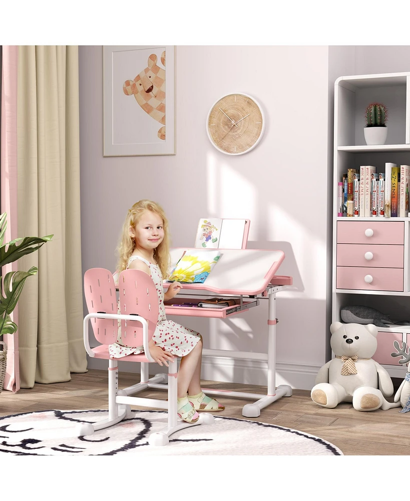 Qaba Adjustable Kids Desk and Chair Set with Tilt Desktop, Storage,