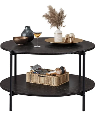 Wlive Round Coffee Table, Living Room Table with 2-Tier Storage Shelf,32in Wood Modern Coffee Table with Metal Frame and Wood Desktop,Easy Assembly,Ch