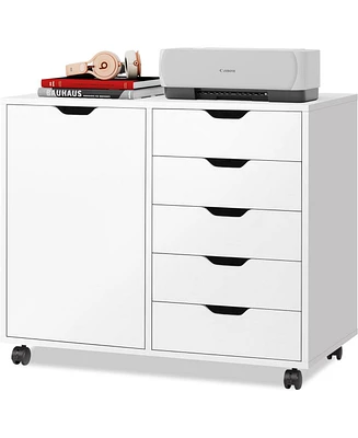 5-Drawer Wood Dresser Chest with Door, Mobile Storage Cabinet, Printer Stand for Home Office