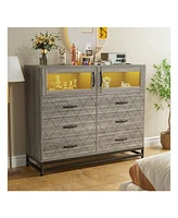 Dresser For Bedroom With Led Lights And Charging Station, 6 Drawer Double Dresser With 2 Shelves, Wide Modern Wooden Chest Of Drawers For Bedroom, Ent