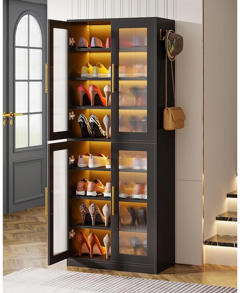 Tribesigns Tall Shoe Cabinet with Acrylic Doors and Led Lights, 8-Tier Entryway Storage Rack Adjustable Shelves Hanging Hooks for Narrow