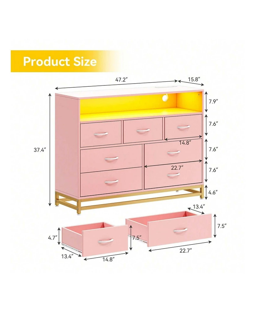 Dresser For Bedroom, Modern 7 Drawers Long Dresser With Charging Station And Led Lights Design