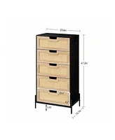 Modern Rattan 5 Drawers Dresser, Double Dresser For Bedroom, Chest Of Drawers Closet Organizers And Storage Clothes For Bedroom Living Room Hallway Of