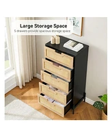 Modern Rattan 5 Drawers Dresser, Double Dresser For Bedroom, Chest Of Drawers Closet Organizers And Storage Clothes For Bedroom Living Room Hallway Of