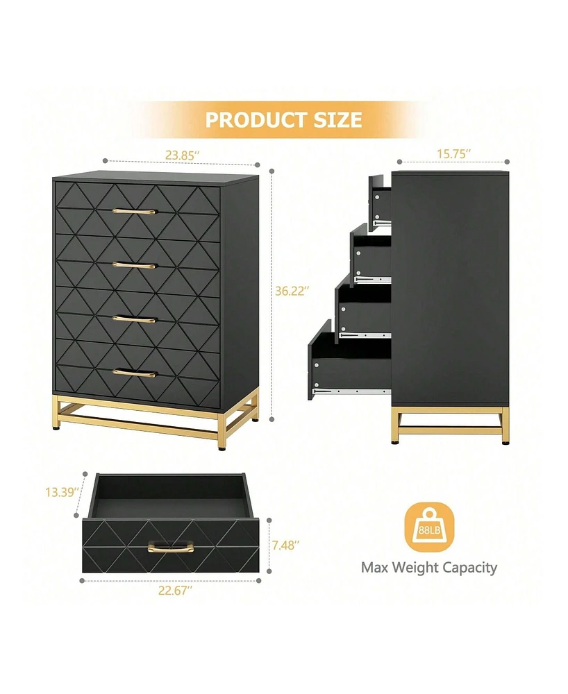 Dresser For Bedroom With 4 Drawers And Metal Handle,Chest Of Drawers, Sturdy Frame Modern Furniture, Wood Dressers