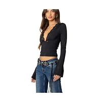 Edikted Womens Tina Lacey Plunge Neck Top