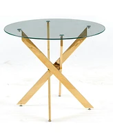 Golden Dining Table with cross metal leg and glass,Modern Space Saving Kitchen Table for Living Room