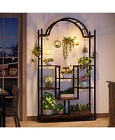 Tribesigns 74.8'' Arched Metal Flower Shelf with Hanging Hooks,5-Tier Tall Indoor Plant Stand
