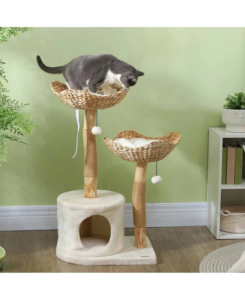 PawHut Modern Cat Tree with Wooden Scratching Posts, Condo, Beds & Cushions