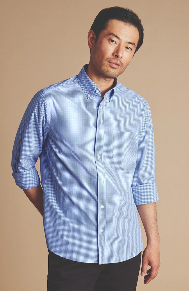 Charles Tyrwhitt Men's Slim Fit Button-Down Collar Non-Iron Stretch Poplin Mini Gingham Shirt