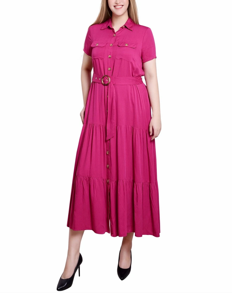Ny Collection Petite Short Sleeve Midi Twill Dress