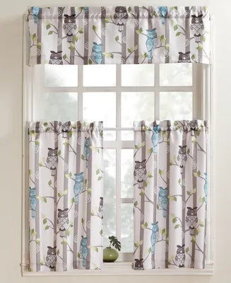 Hoot Owl Print Semi-Sheer Rod Pocket Kitchen Curtain Tier Pair