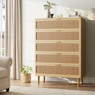 5 Drawer Dresser for Bedroom, Rattan Chest of Drawers with Deep Drawers
