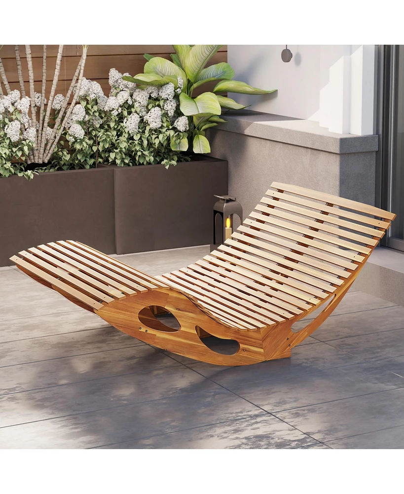 Gouun Slatted Acacia 2-Seat Patio Dual Rocker Sunbed Wood Lounger with Ergonomic Curved Seat