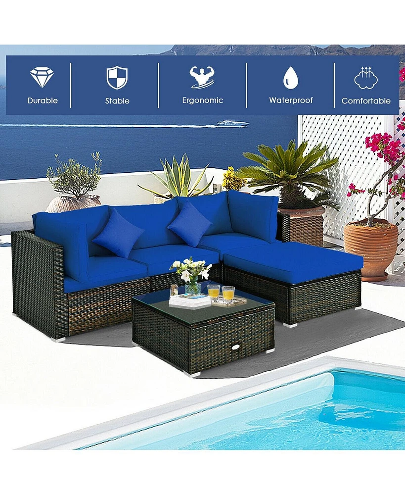 5 Pcs Outdoor Patio Rattan Furniture Set Sectional Conversation with Cushions