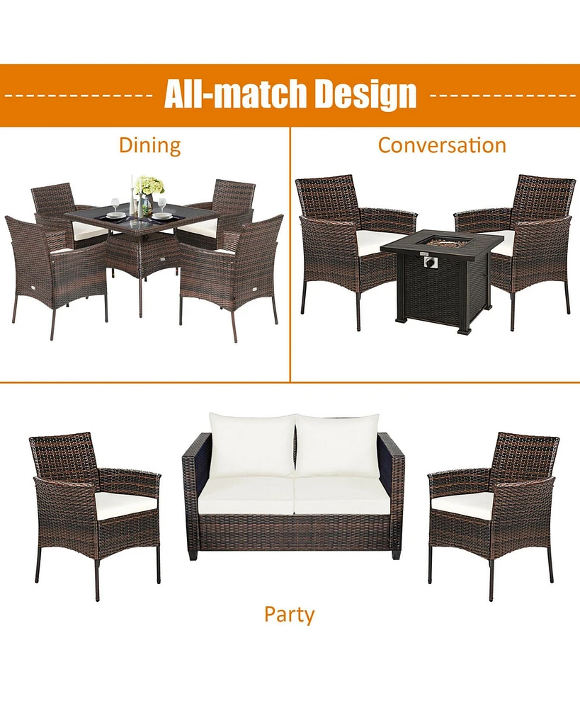 Gymax Patio 4PCS Rattan Arm Dining Chair Cushioned Sofa Furniture Brown