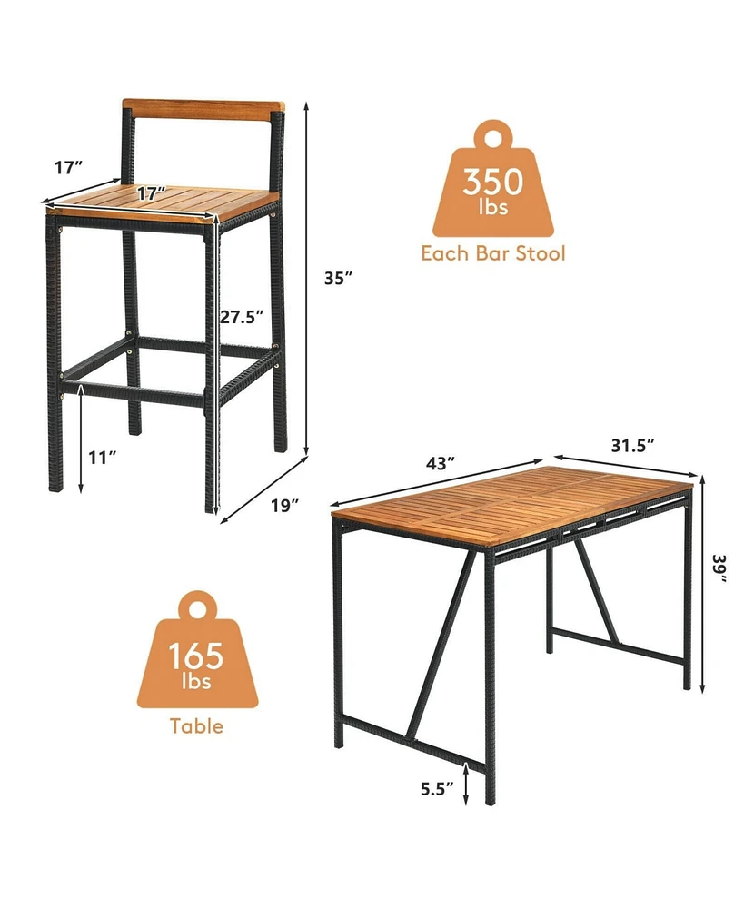 5 Pieces Outdoor Acacia Wood and Pe Rattan Bar Set