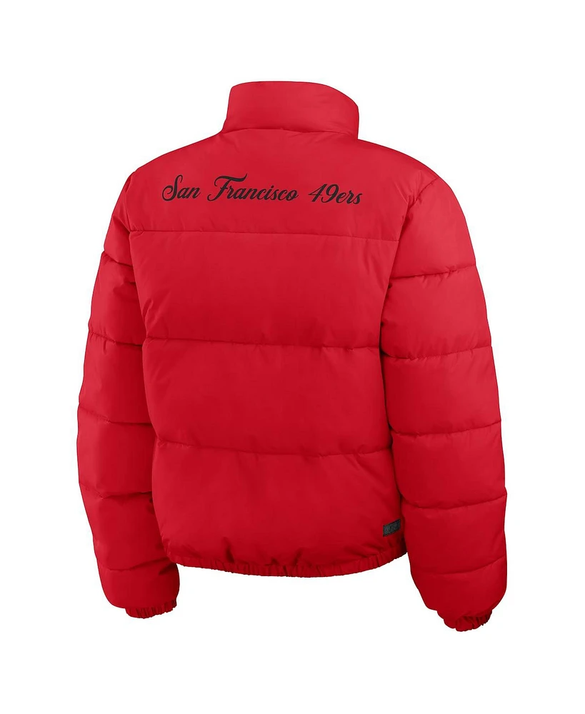 Wear by Erin Andrews Women's Scarlet/White San Francisco 49ers Reversible Cropped Full-Zip Puffer Jacket