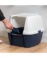 Iris Jumbo Hooded Cat Litter Box with Scoop, Navy