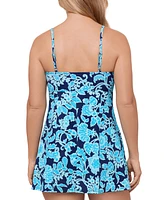 Swim Solutions Women's Printed Empire Tummy-Control Swim Dress, Exclusively at Macy's