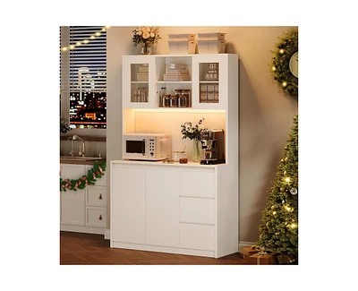 gaomon Tall Kitchen Pantry Cabinet, Kitchen Storage Cabinet with Led Lights and Power Outlets, Food Pantry Cabinet with Microwave Stand, Glass Door, A