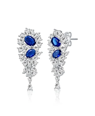 White Gold Plated with Blue Cubic Zirconia Cluster Dangle Earrings