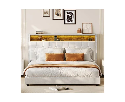 gaomon King Size Bed Frame with Led Lights and Charging Station