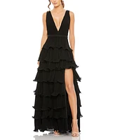 Mac Duggal Women's Sleeveless Ruffle Tiered V Neck Gown