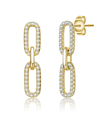 Sterling Silver 14k Gold Plated with Cubic Zirconia Triple Link Chain Dangle Earrings