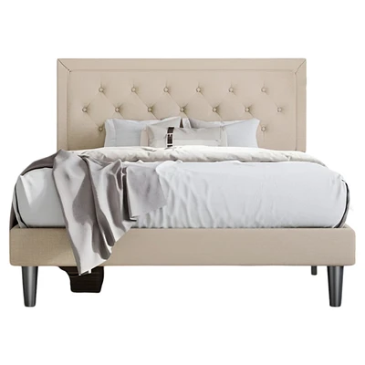 Platform Bed with Adjustable Headboard – Upholstered Frame, Wood Slats, and Modern Low-Profile Design