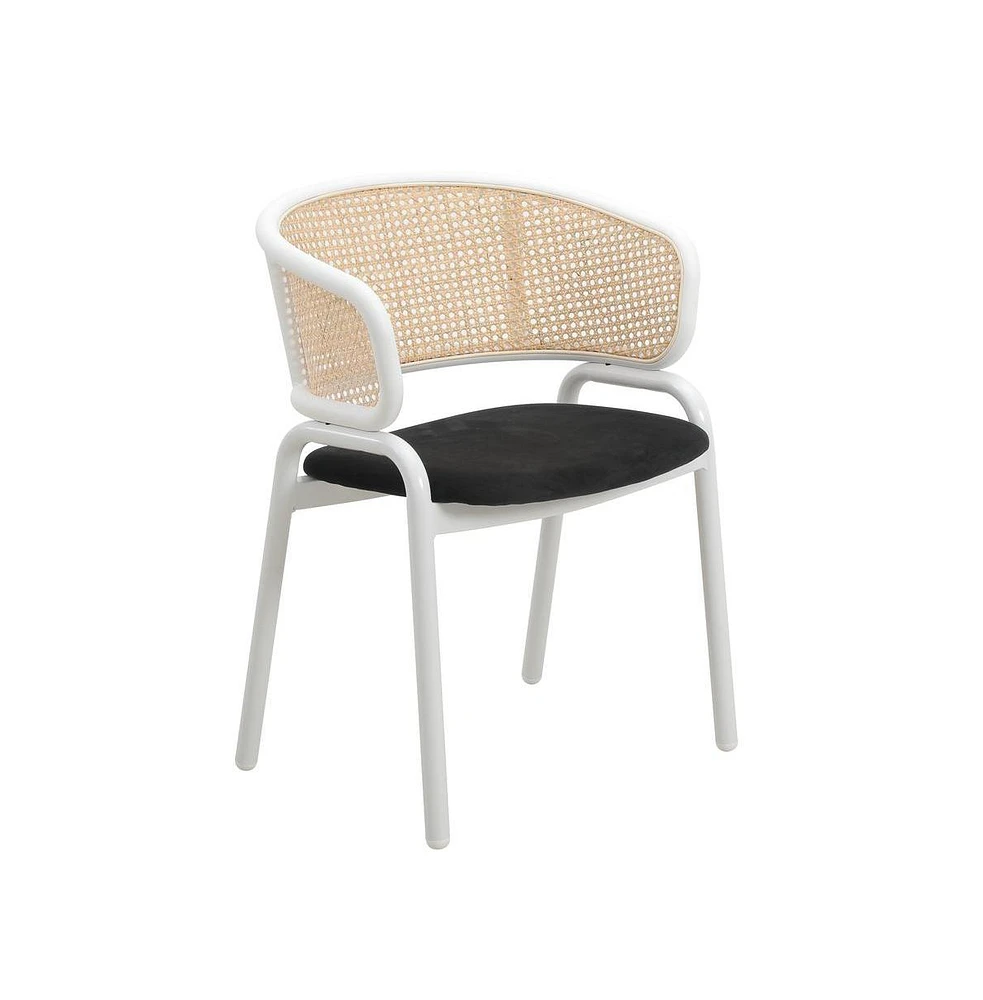 LeisureMod Dining Chair with White Powder Coated Steel Legs and Wicker Back