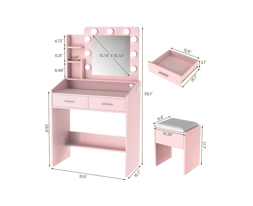 gaomon Vanity Desk with Mirror and Lights, Makeup Vanity with Power Outlet & Cushioned Stool, 3 Lighting Modes Adjustable Brightness
