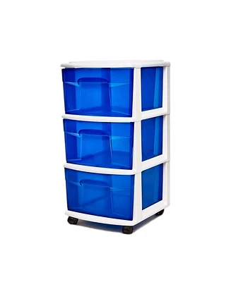Homz Plastic 3 Drawer Medium Storage Container Tower, Blue Drawers/White Frame