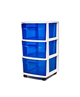 Homz Plastic 3 Drawer Medium Storage Container Tower, Blue Drawers/White Frame
