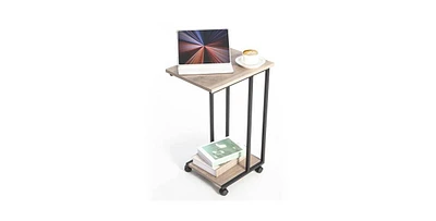 Rolling Bedside Table – Industrial Metal & Wood Tv Tray Table with Locking Casters for Sofa or Bed