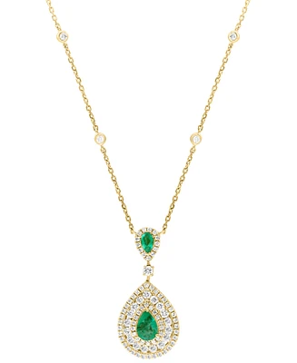 Effy Emerald (3/4 ct. t.w.) & Diamond (1-1/8 ct. t.w.) Double Pear Halo 18" Pendant Necklace in 14k Gold