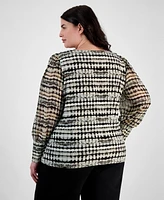 Anne Klein Plus Size Printed Chiffon Sheer-Sleeve Top