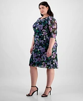 Connected Plus Size Printed Mesh 3/4-Sleeve Sheath Dress