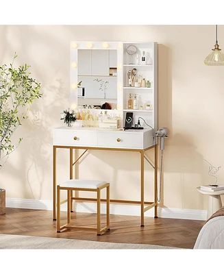 gaomon Vanity Desk with Mirror and Lights, Makeup Vanity with 2 Large Drawers and 3 Open Shelves, 3 Lighting Modes Brightness Adjustable, Bedroom