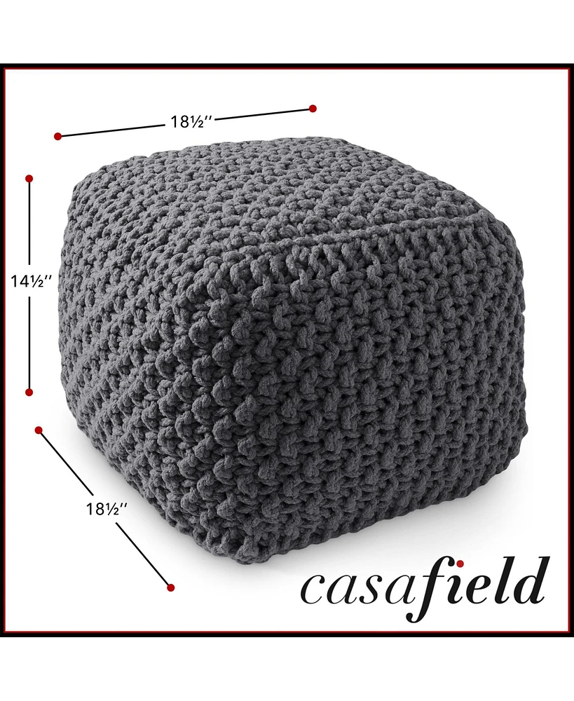 Casafield Square Pouf Ottoman, Navy Blue - 18.5" W x D 14.5" H Cotton Knit Foot Stool Boho Floor Pouffe for Living Room