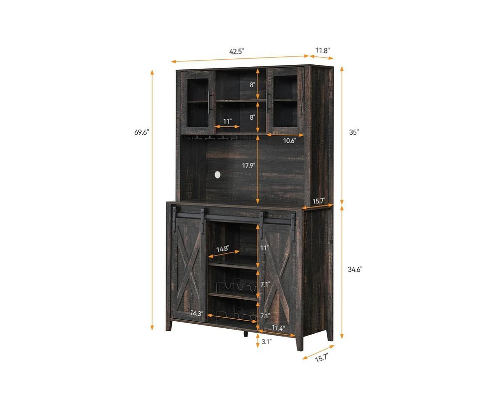 gaomon 70" Tall Farmhouse Coffee Bar Cabinet, Sliding Barn Doors Wine Bar Cabinet with Storage Shelves