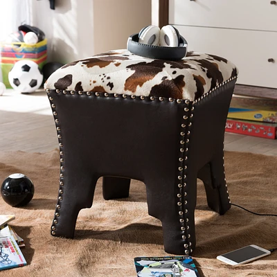 Baxton Studio Sally Modern and Contemporary Cow-print Patterned Fabric Brown Faux Leather Upholstered Accent Stool with Nail heads