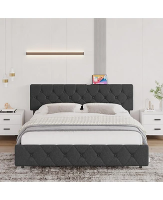 gaomon Upholstered Platform Bed Frame with Usb Ports - Adjustable Headboard, Strong Frame, Wooden Slats Support