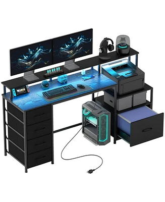 67" Computer Desk Home Office with File Cabinet Lights