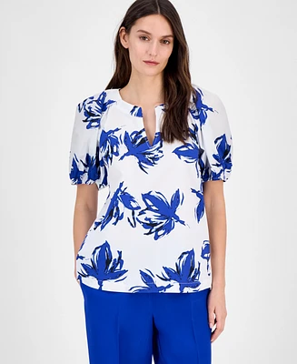 Anne Klein Women's Cotton Printed Puff-Sleeve Blouse, Created for Macy's