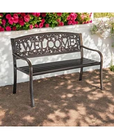 Floral Back Metal Patio Bench – Outdoor Weather-Resistant Garden Seat with Welcome Design