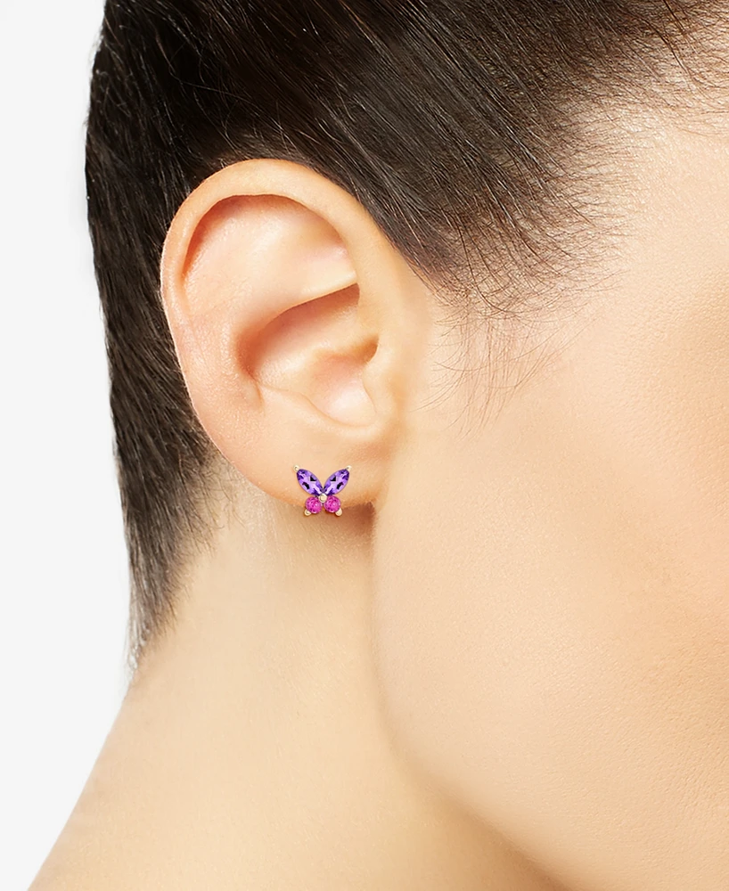2-Pc. Pink Sapphire (1/2 ct. t.w.), Amethyst (7/8 ct. t.w.) & White Sapphire (1/20 ct. t.w.) Butterfly Earrings & Pendant Necklace Set in 14k Gold-Pla