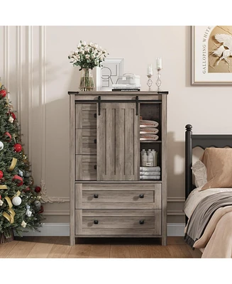5 Drawer Dresser, Farmhouse Wooden Chest of Drawers with Sliding Barn Door, Adjustable Shelf, Tall Antique Dresser, Storge Cabinet for Bedroom